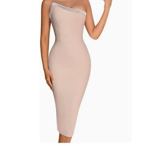 AMANDA ROYAL Midi One-Shoulder Beige Dress with Embellished Trim